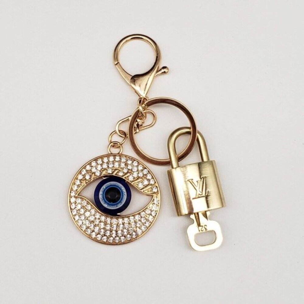 LV Gold Padlock & Key 🔒 Authentic Louis Vuitton Bag Unbranded Evil Eye Charm - Picture 1 of 7